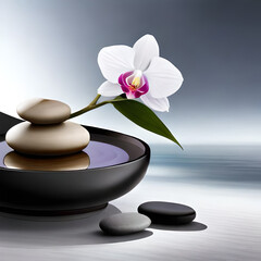 floral home decor with white orchid, stones on ceramic plate , creative design concept for wellness at home