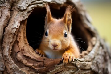Curious red squirrel peeking out from behind the tree, Generative Ai