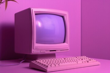 Retro computer with purple screen on pink background. - obrazy, fototapety, plakaty