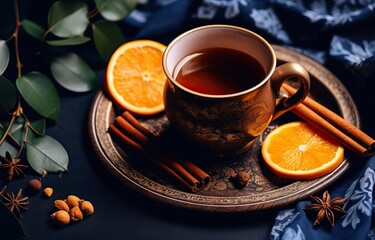 Obraz na płótnie Canvas Cup of tea with cinnamon and orange on a black background.