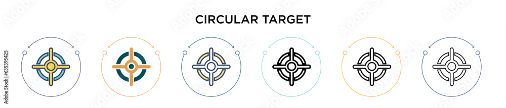 Poster circular target icon in filled, thin line, outline and stroke style. vector illustration of two colo