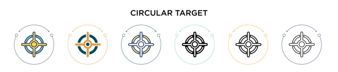 Circular target icon in filled, thin line, outline and stroke style. Vector illustration of two colored and black circular target vector icons designs can be used for mobile, ui, web