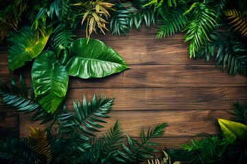 Texture of wood and tropical leaves, background, frame. Generative AI