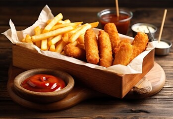 fried sausages with french fries and ketchup on wooden board