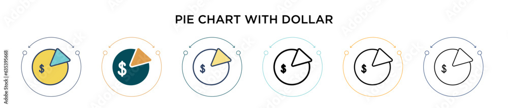 Poster pie chart with dollar icon in filled, thin line, outline and stroke style. vector illustration of tw