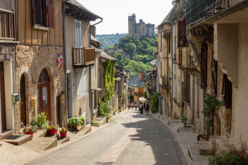 Fototapeta na wymiar Najac, France. A beautiful village in the Aveyron department with medieval historical buildings and architecture and a partly ruined castle