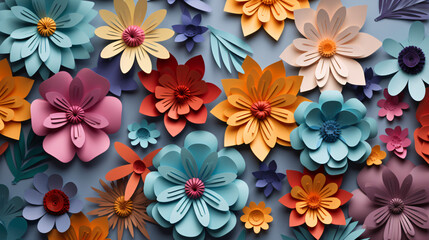 Fototapeta na wymiar Colorful paper flowers. Cutout paper floral background