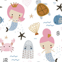 Seamless pattern with cute mermaids. Creative childish underwater texture. Great for fabric, textile Vector Illustration