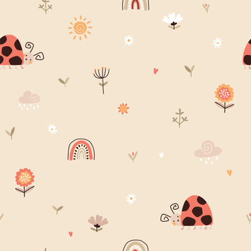 Gentle naive seamless vector pattern with ladybug, small flowers leaves and rainbows on a beige background. Print for kids bed linens, fabric, textiles, wallpaper, wrapping paper.