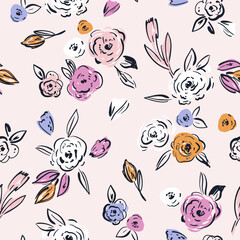 Botanical seamless pattern with hand drawn roses flowers. Floral pastel texture for fabric, digital papers.Vector illustration