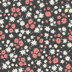 Floral seampless vector pattern. Pretty flowers on black background. Printing with small colorful flowers. Meadow simple floral texture. Ditsy cartoon print.