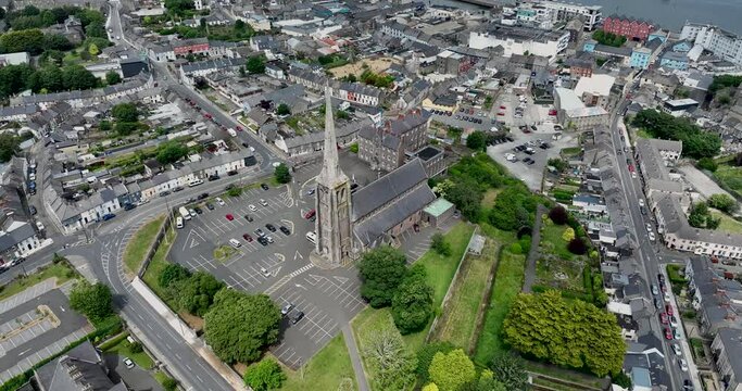 Panoramic bird's eye view of the Church of the Assumption. Wexford, Ireland 4k
