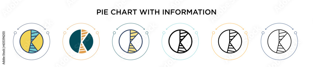 Poster pie chart with information icon in filled, thin line, outline and stroke style. vector illustration 