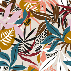 Seamless tropical pattern with hand drawn plants, leaves, textures. Jungle summer background. Perfect for fabric design, wallpaper, apparel. Jungle illustration