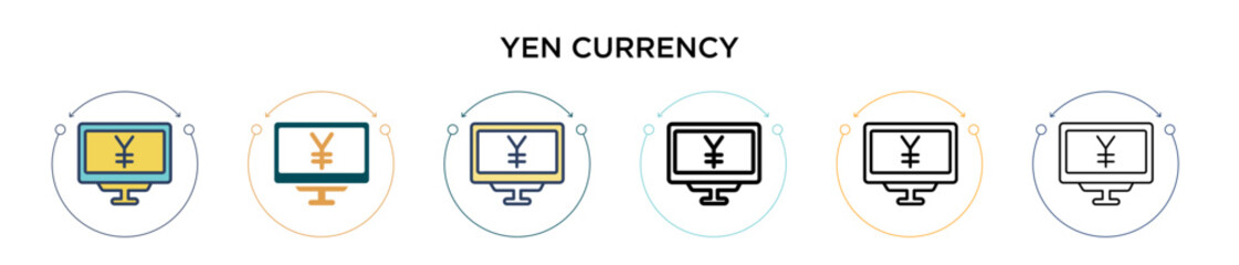 Yen currency sign on monitor screen icon in filled, thin line, outline and stroke style. Vector illustration of two colored and black yen currency sign on monitor screen vector icons designs can be