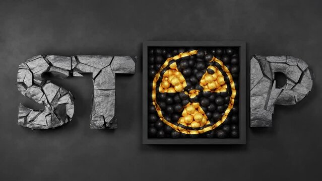 3d rendering, 3d animation of the STOP text, and metal balls spilling into the container. The balls are arranged in order with the radiation symbol. The idea of the threat of atomic war.