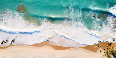 Aerial top view on sand ocean beach with palm trees. Summer vacation paradise concept. Generative AI