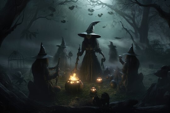coven of witches on halloween night in a dark scary forest, generative ai
