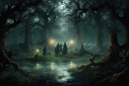 coven of witches on halloween night in a dark scary forest, generative ai