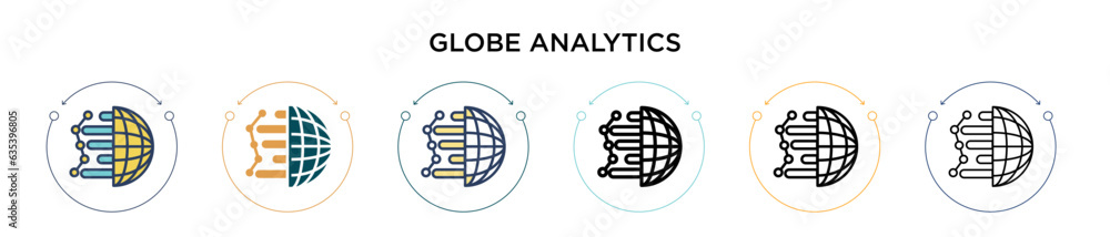 Poster globe analytics icon in filled, thin line, outline and stroke style. vector illustration of two colo