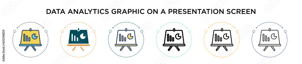 Poster data analytics graphic on a presentation screen icon in filled, thin line, outline and stroke style.