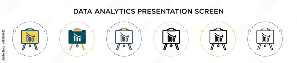 Poster data analytics presentation screen icon in filled, thin line, outline and stroke style. vector illus