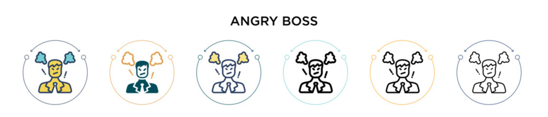 Angry boss icon in filled, thin line, outline and stroke style. Vector illustration of two colored and black angry boss vector icons designs can be used for mobile, ui, web