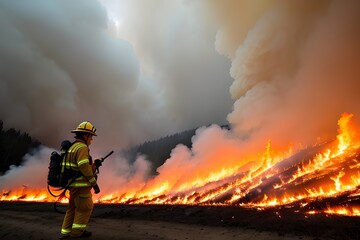 Obraz premium A firefighter prepares to extinguish a gaining hill of woods. A huge billow of smoke covers the entire sky