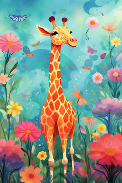 Kids illustration of cute giraffe on a colorful blooming flower meadow. Digital nursery art, beautiful artistic image for poster, art print, greeting card.