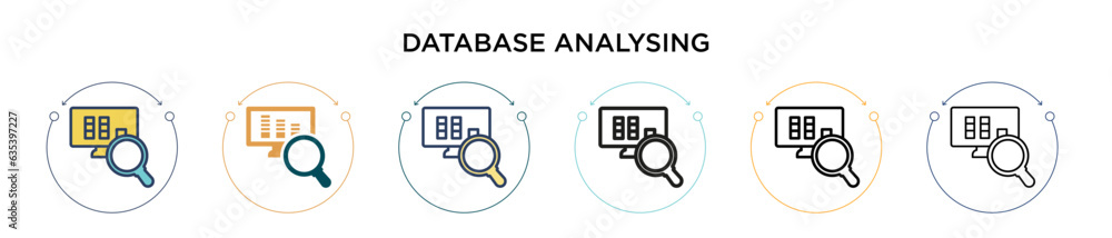 Poster database analysing icon in filled, thin line, outline and stroke style. vector illustration of two c