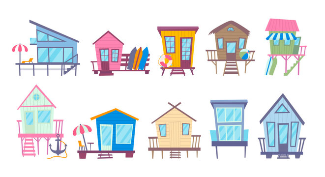 Cartoon Color Different Types Beach Huts Set Concept Flat Design Style . Vector illustration of Hut for Seaside
