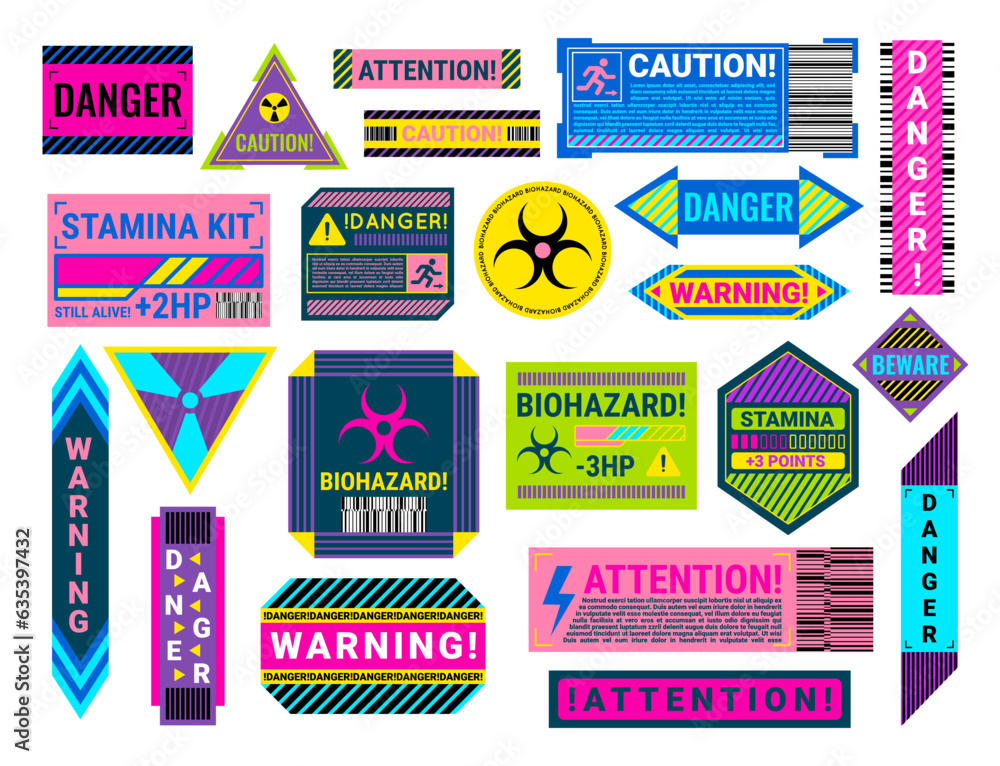 Canvas Prints Cartoon Color Different Types Cyberpunk Decal Set Concept Flat Design Style Include of Danger, Caution and Attention. Vector illustration