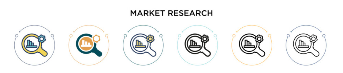 Market research icon in filled, thin line, outline and stroke style. Vector illustration of two colored and black market research vector icons designs can be used for mobile, ui, web