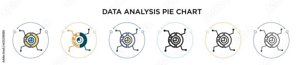 Poster data analysis pie chart icon in filled, thin line, outline and stroke style. vector illustration of 