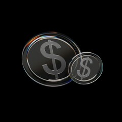 3d rendering glassy coins dollar us currency money icon isolated on black background. glassmorphism coins.