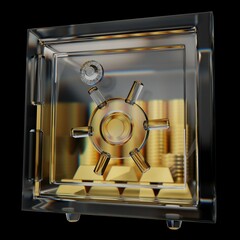 3d rendering glassy locked safe box with gold bars and coins isolated on black background. Glassmorphism safe box. Cryptocurrency protection concept.
