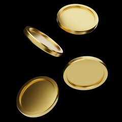 3d rendering floating golden coins isolated on black background. Jackpot or casino poke concept. Falling coins, falling money, flying gold coins.