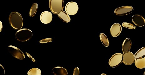 Floating golden coins with space for text isolated on black background. Jackpot or casino poke concept. Falling coins, falling money, flying gold coins. 3d rendering.