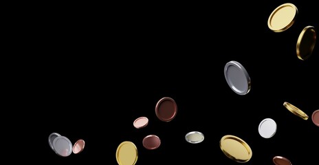Floating golden, silver, bronze, and copper coins with space for text isolated on black background width Left copy space. Floating coins, Floating money. 3d rendering. - obrazy, fototapety, plakaty