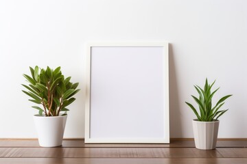 White Photo Frame Mockup Template Design With Plants On The Side