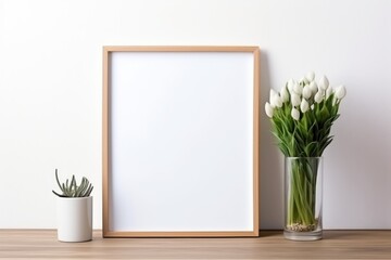 White Photo Frame Mockup Template Design With Plants On The Side