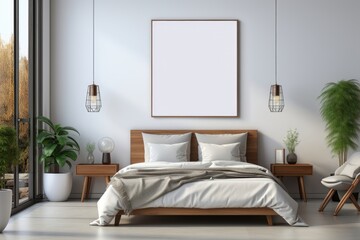 A thin wood-framed mockup on a white wall, in a sunlit contemporary bedroom with wood furniture. Photorealistic illustration, Generative AI