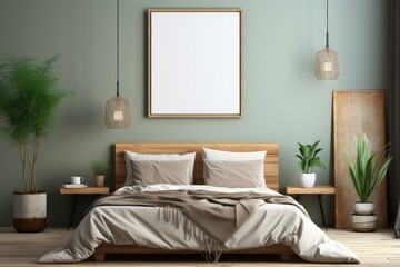A wood-framed mockup on a light green wall in a modern bedroom with wood flooring. Photorealistic illustration, Generative AI