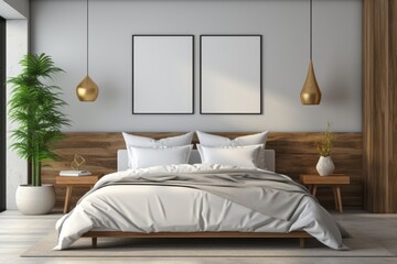 Fototapeta na wymiar Two thin black-framed mockups in a contemporary bedroom with wooden furniture and a light gray wall. Photorealistic illustration, Generative AI