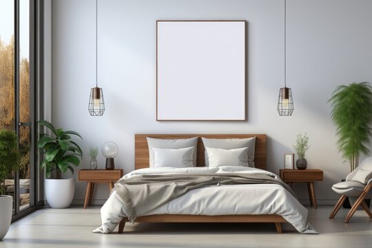 A thin wood-framed mockup on a white wall, in a sunlit contemporary bedroom with wood furniture. Photorealistic illustration, Generative AI