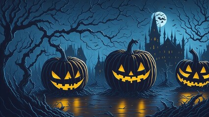 Halloween Background Jack O' Lanterns In A Graveyard In A Haunting Night. Generative Ai. - obrazy, fototapety, plakaty