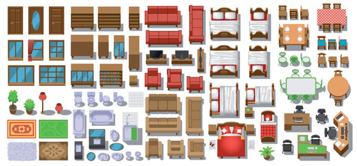 Set of icons for interior design. View of the furniture from above. Elements for the floor plan. Top view. Furniture and elements for living room, bedroom, kitchen, bathroom, office, balcony, garden. - 635398484