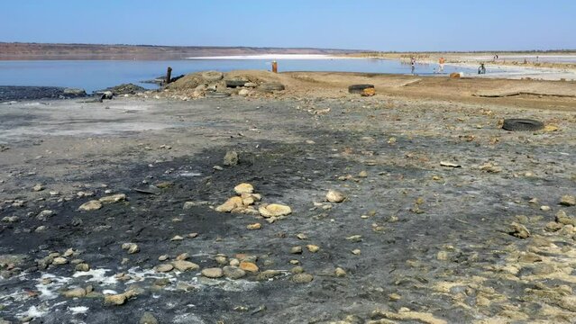 Dried sea firth with rocks for mining salt in Kuyalnik Estuary. Dead sea in Odessa.