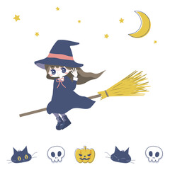 ハロウィンでかわいい魔女に仮装した女の子のイラスト