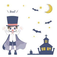 ハロウィンでかわいいドラキュラに仮装した男の子のイラスト